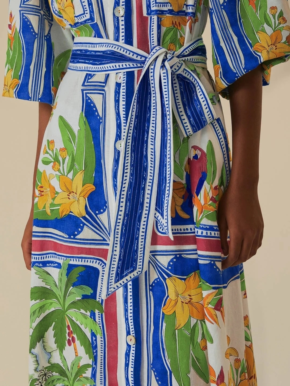 FARM Rio White Midi Shirt Dress with Blue Stripes and Yellow Floral Print - Picture 3 of 7